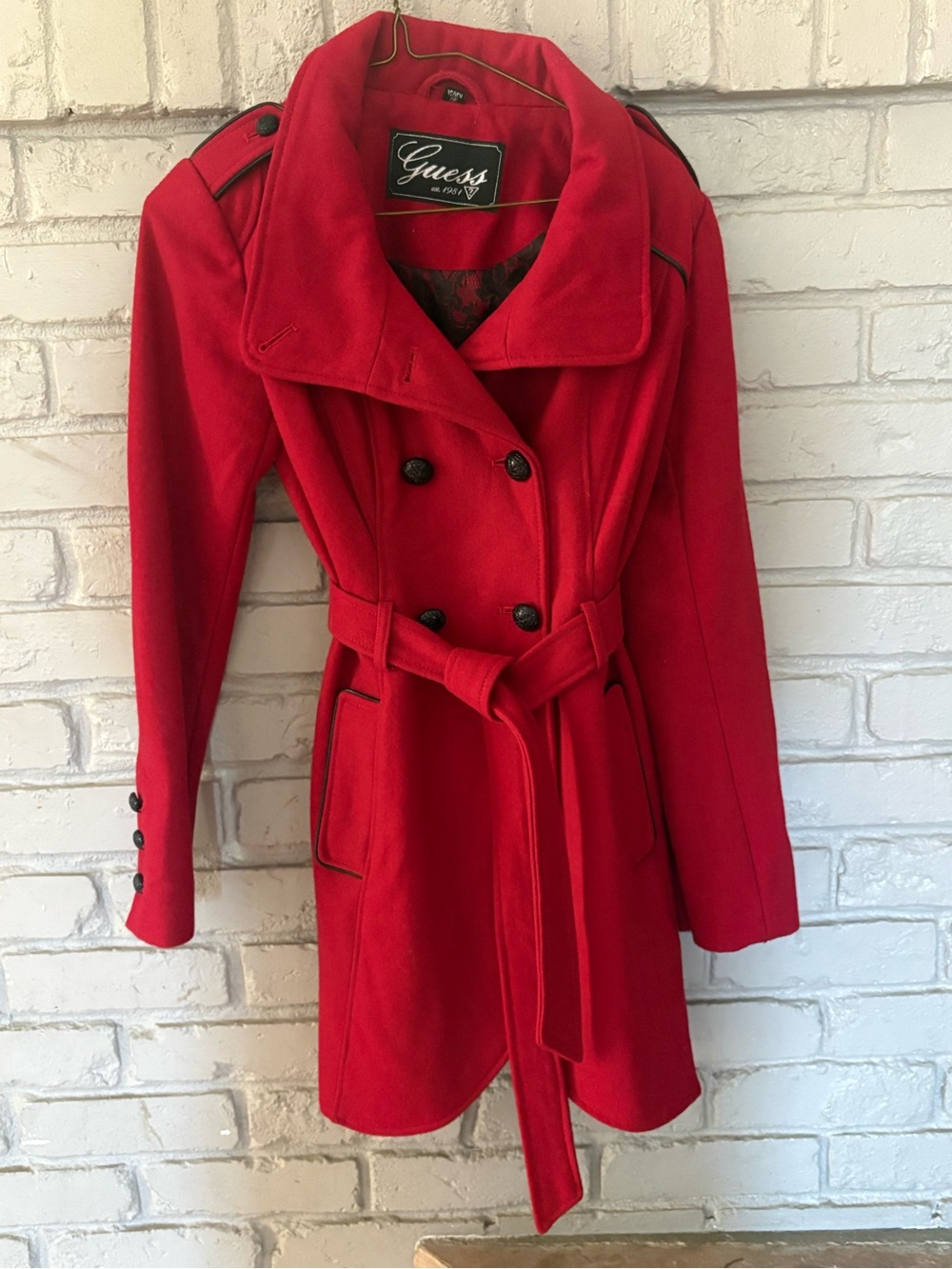 GUESS Red Double-Breasted Belted Trench Coat